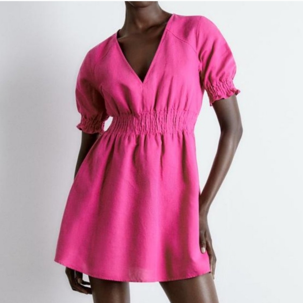 Zara Linen Blend Dress With Elastic Waistband Pink Womens Medium NWT